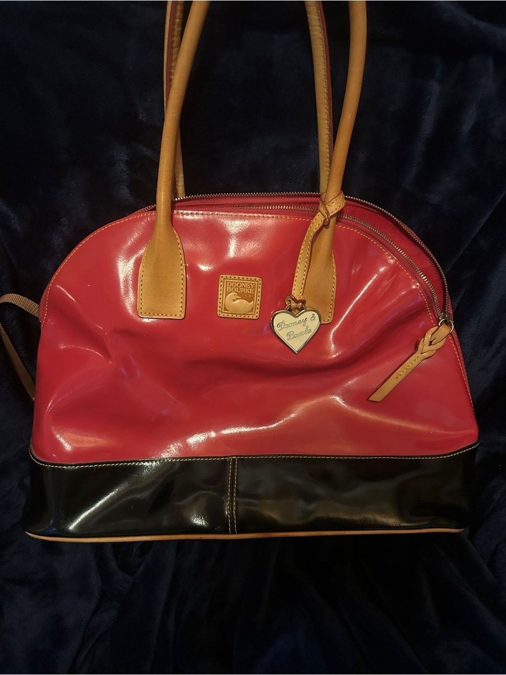 Dooney & Bourke Red Patent Dome Satchel with Black Base and Tan Handles
